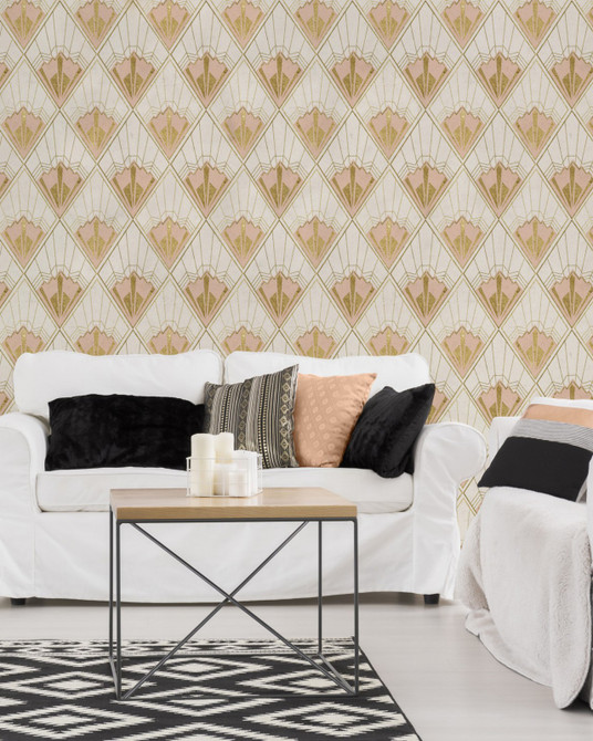 REVIVAL Taupe (WP20232) by Mind The Gap | WP20232 | PREMIUM DESIGNER WALLPAPER COLLECTION | 3 rolls x 20.5 x 118.1 in | 0.52m / 20.5in | 3m / 118in | 4.65mp | 52cm / 20.5in | Pink, Taupe, Gold | Non-woven | Paste the wall | 3-rolls in a box | Fabric Carolina | https://www.fabriccarolina.com/