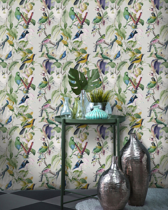 TROPICAL BIRDS Wallpaper (WP20172) by Mind The Gap | WP20172 | PREMIUM DESIGNER WALLPAPER COLLECTION | 3 rolls x 20.5 x 118.1 in | 0.52m / 20.5in | 3m / 118in | 4.65mp | 62cm / 24.4in | Blue, Green, Taupe, White | Non-woven | Paste the wall | 3-rolls in a box | Fabric Carolina | https://www.fabriccarolina.com/