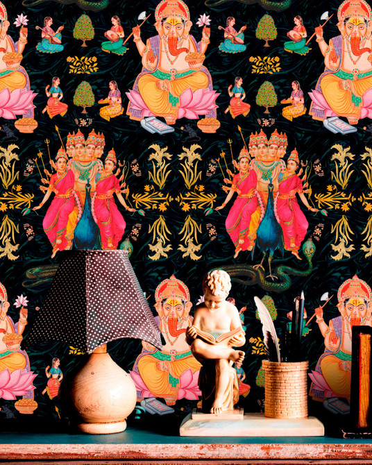 GODDESS Wallpaper (WP20406) by Mind The Gap | WP20406 | THE WALLPAPER COLLECTABLES | 3 rolls x 20.5 x 118.1 in | 0.52m / 20.5in | 3m / 118in | 4.65mp | 80cm / 31.4in | Black, Blue, Pink, Gold | Textured Matte | Paste the wall | 3-rolls in a box | Fabric Carolina | https://www.fabriccarolina.com/