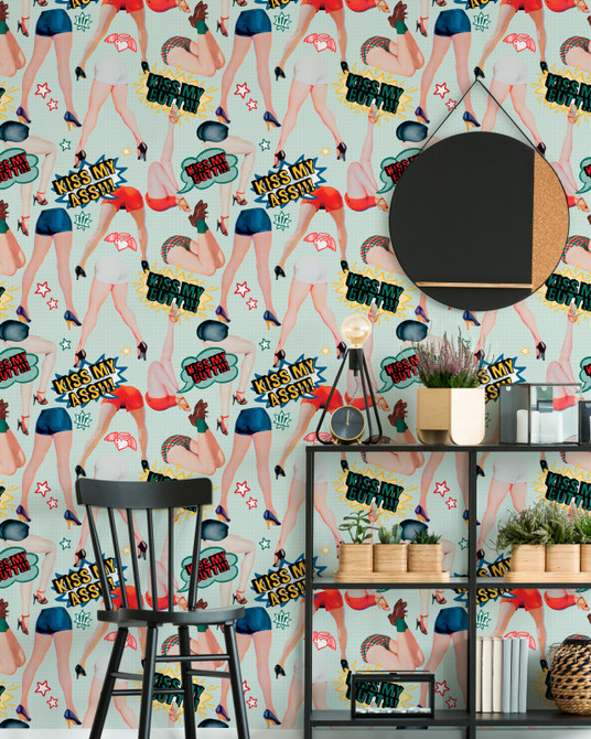 KISS MY ASS Wallpaper (WP20378) by Mind The Gap | WP20378 | THE WALLPAPER COLLECTABLES | 3 rolls x 20.5 x 118.1 in | 0.52m / 20.5in | 3m / 118in | 4.65mp | 52cm / 20.5in | Blue, Red, Yellow | Satin Matte | Paste the wall | 3-rolls in a box | Fabric Carolina | https://www.fabriccarolina.com/