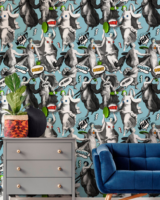WATCH OUT! Blue Wallpaper (WP20384) by Mind The Gap | WP20384 | THE WALLPAPER COLLECTABLES | 3 rolls x 20.5 x 118.1 in | 0.52m / 20.5in | 3m / 118in | 4.65mp | 72cm / 28.4in | Black, Blue, Green, Red | Satin Matte | Paste the wall | 3-rolls in a box | Fabric Carolina | https://www.fabriccarolina.com/