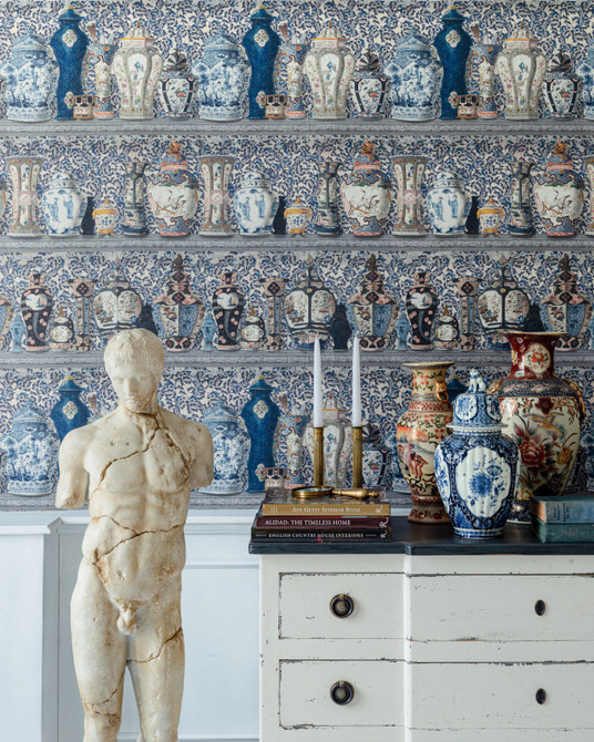 CERAMIC WONDERS Wallpaper (WP20597) by Mind The Gap | WP20597 | THE WALLPAPER COMPENDIUM 2 | 3 rolls x 20.5 x 118.1 in | 0.52m / 20.5in | 3m / 118in | 4.65mp | 100cm / 39.3in | Grey, Indigo, Pink, Taupe, Yellow | Satin Matte | Paste the wall | 3-rolls in a box | Fabric Carolina | https://www.fabriccarolina.com/