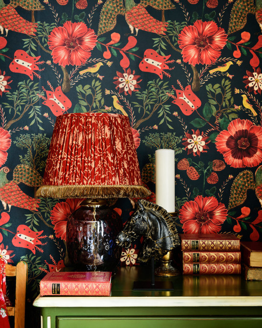 FOLK SZEKELY Dark Wallpaper (WP20543) by Mind The Gap | WP20543 | TRANSYLVANIAN ROOTS | 3 rolls x 20.5 x 118.1 in | 0.52m / 20.5in | 3m / 118in | 4.65mp | 70cm / 27.6in | Brown, Dark Blue, Green, Red | Textured Matte | Paste the wall | 3-rolls in a box | Fabric Carolina | https://www.fabriccarolina.com/