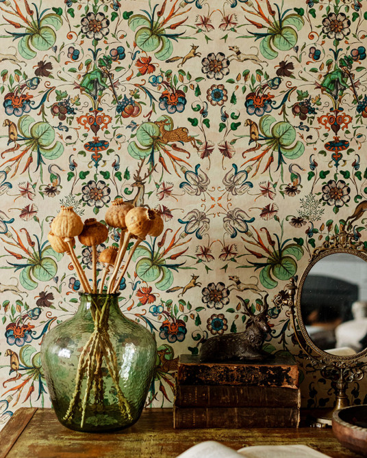 THE DEER STALKER Wallpaper (WP20548) by Mind The Gap | WP20548 | TRANSYLVANIAN ROOTS | 3 rolls x 20.5 x 118.1 in | 0.52m / 20.5in | 3m / 118in | 4.65mp | 50cm / 19.6in | Blue, Green, Red | Textured Matte | Paste the wall | 3-rolls in a box | Fabric Carolina | https://www.fabriccarolina.com/