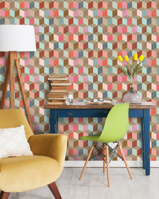 COLOURED GEOMETRY Premium Wallpaper (WP20004) by Mind The Gap | WP20004 | WALLPAPER DESIGNER COLLECTION | 3 rolls x 20.5 x 118.1 in | 0.52m / 20.5in | 3m / 118in | 4.65mp | 52cm / 20.5in | Blue, Brown, Pink, Red | Non-woven | Paste the wall | 3-rolls in a box | Fabric Carolina | https://www.fabriccarolina.com/