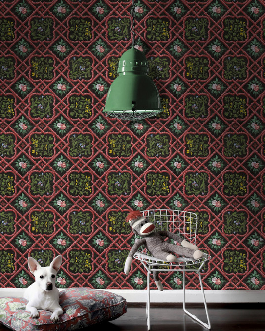 LATTICEWORK Premium Wallpaper (WP20105) by Mind The Gap | WP20105 | WALLPAPER DESIGNER COLLECTION | 3 rolls x 20.5 x 118.1 in | 0.52m / 20.5in | 3m / 118in | 4.65mp | 52cm / 20.5in | Black, Green, Red | Non-woven | Paste the wall | 3-rolls in a box | Fabric Carolina | https://www.fabriccarolina.com/