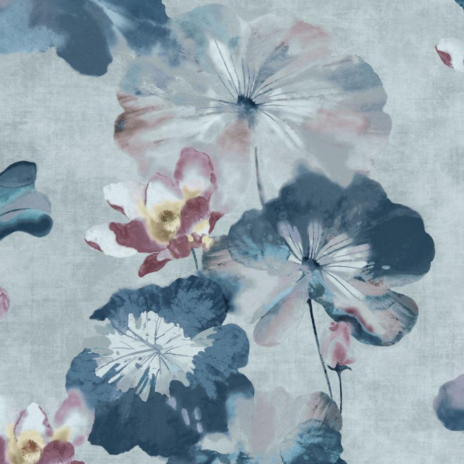 Water Lilies (Wp) # 03 Blue Dusk by 1838 Wallcoverings Wallpaper Willow HALF DROP PASTE THE WALL UNITED KINGDOM V-33" 20.5"X11YD - Fabric Carolina -