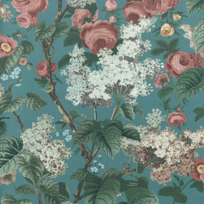 Floribunda (Wp) # 03 Teal by 1838 Wallcoverings Wallpaper V&A Decorative Papers HALF DROP PASTE THE WALL UNITED KINGDOM V-33" 27.5"X11YD - Fabric Carolina -
