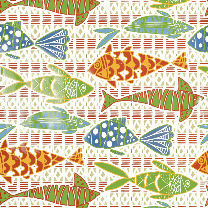 Thibaut Wallpaper Batik Fish Coral and Blue T15869  Wallpaper Non Woven Wallpaper  U.S.A </p><p>Repeat: H: , V: 25.25  (64.14 cm) 27 in  (68.58 cm) - My Fabric Connection -