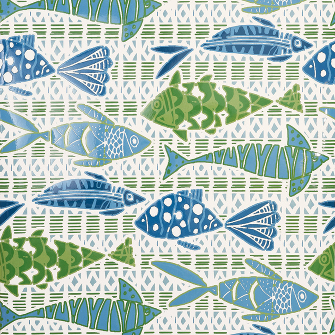 Thibaut Wallpaper Batik Fish Blue and Green T15870  Wallpaper Non Woven Wallpaper  U.S.A </p><p>Repeat: H: , V: 25.25  (64.14 cm) 27 in  (68.58 cm) - My Fabric Connection -