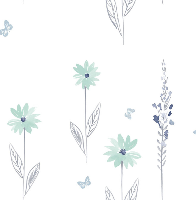 Daisy Field Teal and Gray by Seabrook Wallpaper Day Dreamers United States 56.12 20.87" 20.5" - Fabric Carolina -