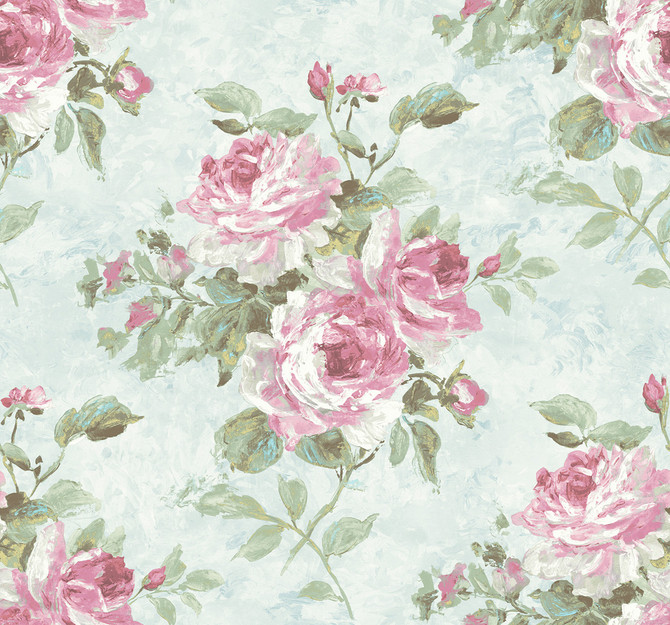 Rose Bouquet Metallic Blue and Rose by Seabrook Wallpaper French Impressionist United States 60.55 25.2" 27" - Fabric Carolina -