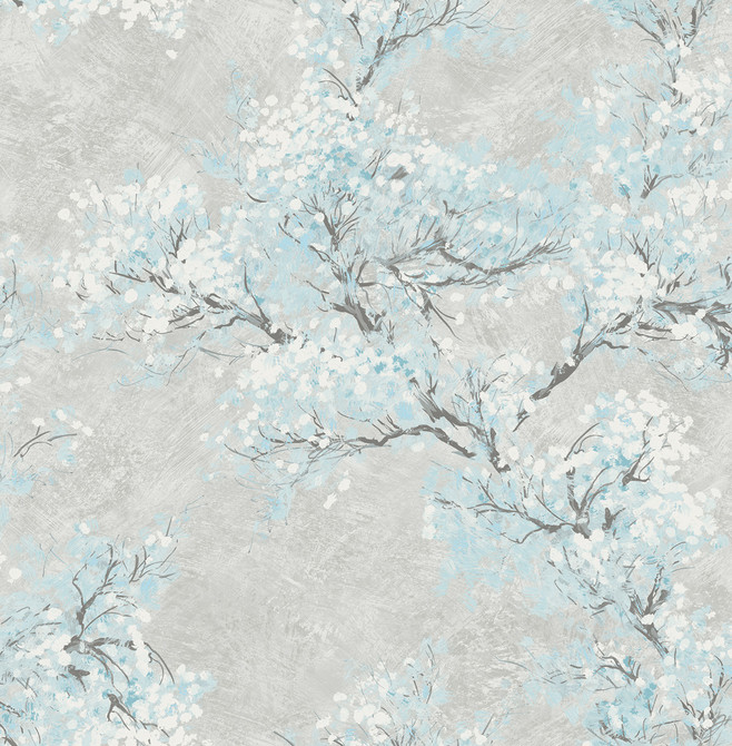 Cherry Blossoms Metallic Silver and Sky Blue by Seabrook Wallpaper French Impressionist United States 56.12 20.87" 20.5" - Fabric Carolina -