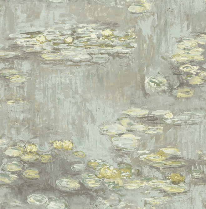 Lily Pads Gray, Powder Blue, and Gold by Seabrook Wallpaper French Impressionist United States 56.12 20.87" 20.5" - Fabric Carolina -