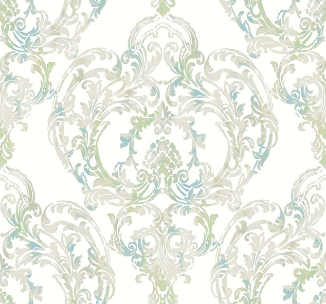 Roxen Damask Turquoise, Off-White, and Mint by Seabrook Wallpaper Lugano United States 60.75 25.2" 27" - Fabric Carolina -