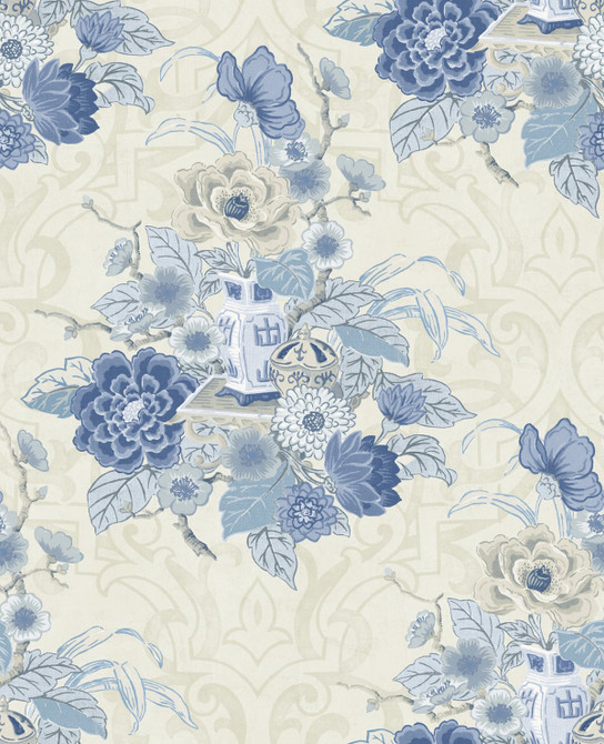 Dynasty Floral Metallic Linen and Blue by Seabrook Wallpaper Koi United States 56.05 25.2" 20.5" - Fabric Carolina -