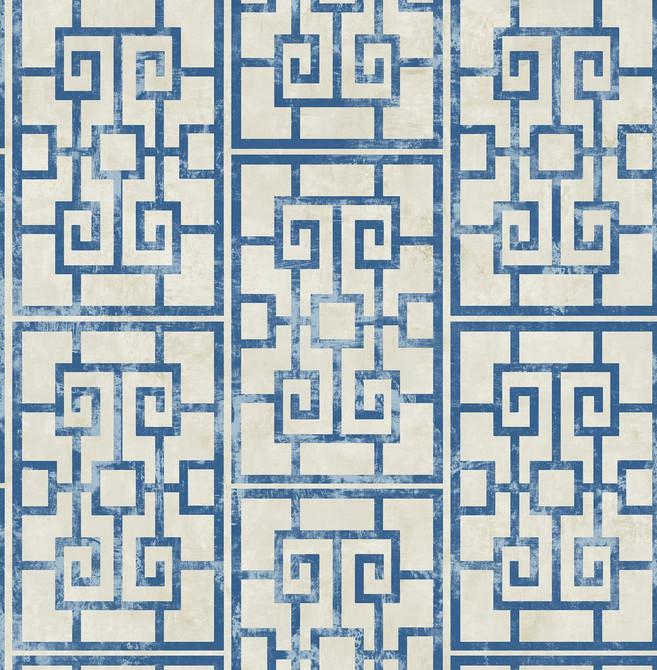 Dynasty Lattice Metallic Pearl and Azure Blue by Seabrook Wallpaper Koi United States 56.05 20.87" 20.5" - Fabric Carolina -