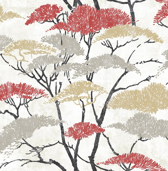 Confucius Tree Metallic Gold, Silver, and Crimson by Seabrook Wallpaper Koi United States 56.05 20.87" 20.5" - Fabric Carolina -