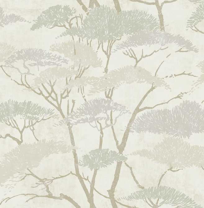 Confucius Tree Silver and Pearl by Seabrook Wallpaper Koi United States 56.05 20.87" 20.5" - Fabric Carolina -