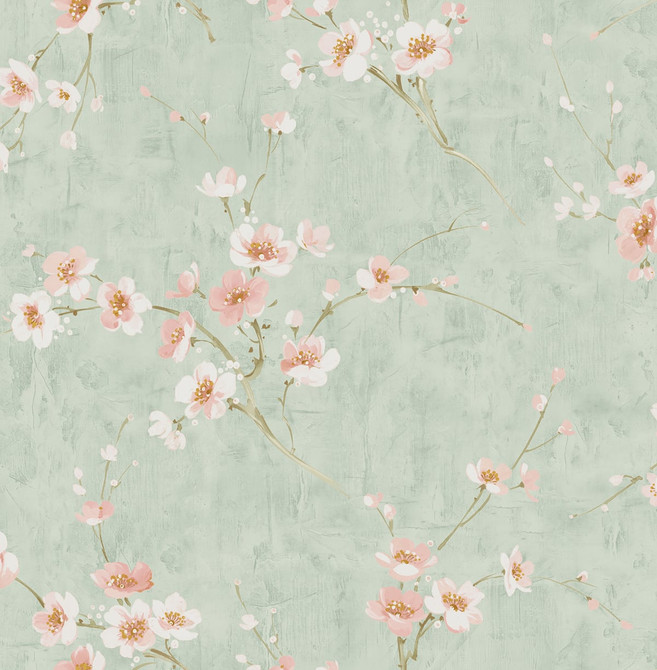 Silk Road Dogwood Metallic Mint and Pink by Seabrook Wallpaper Koi United States 56.05 20.87" 20.5" - Fabric Carolina -