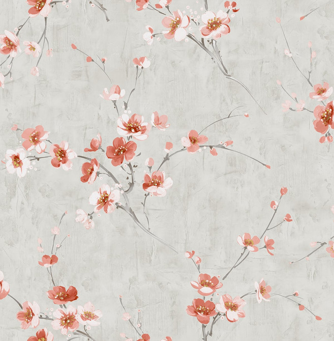 Silk Road Dogwood Metallic Silver and Strawberry by Seabrook Wallpaper Koi United States 56.05 20.87" 20.5" - Fabric Carolina -