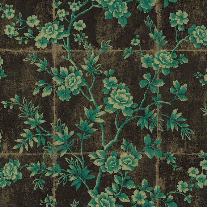 Great Wall Floral Metallic Mocha and Sea Green by Seabrook Wallpaper Koi United States 60.75 27" 27" - Fabric Carolina -