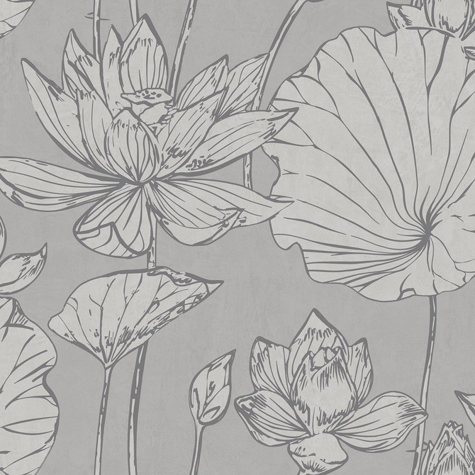Lotus Floral Metallic Silver and Gray by Seabrook Wallpaper Koi United States 60.75 27" 27" - Fabric Carolina -