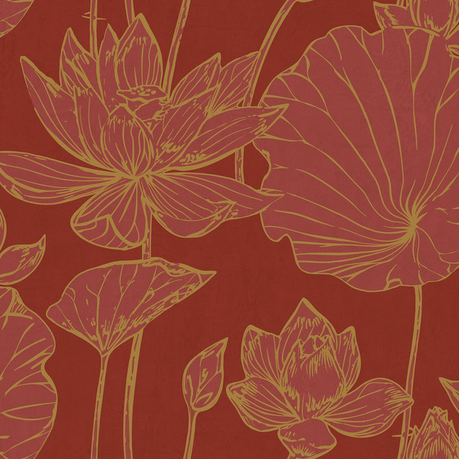Lotus Floral Metallic Gold and Crimson by Seabrook Wallpaper Koi United States 60.75 27" 27" - Fabric Carolina -