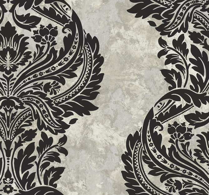 Newton Damask Black and Greige by Seabrook Wallpaper Avant Garde United States 60.75 25.2" 27" - Fabric Carolina -