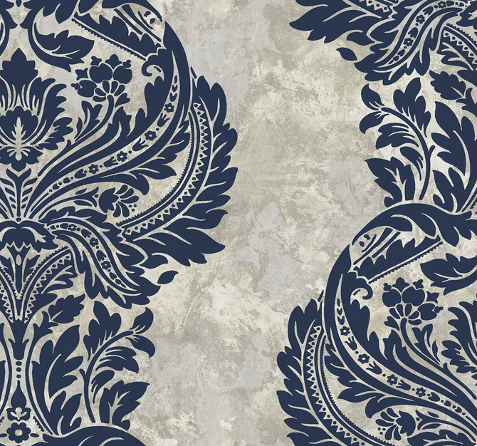 Newton Damask Blue and Grey Damask by Seabrook Wallpaper Avant Garde United States 60.75 25.2" 27" - Fabric Carolina -