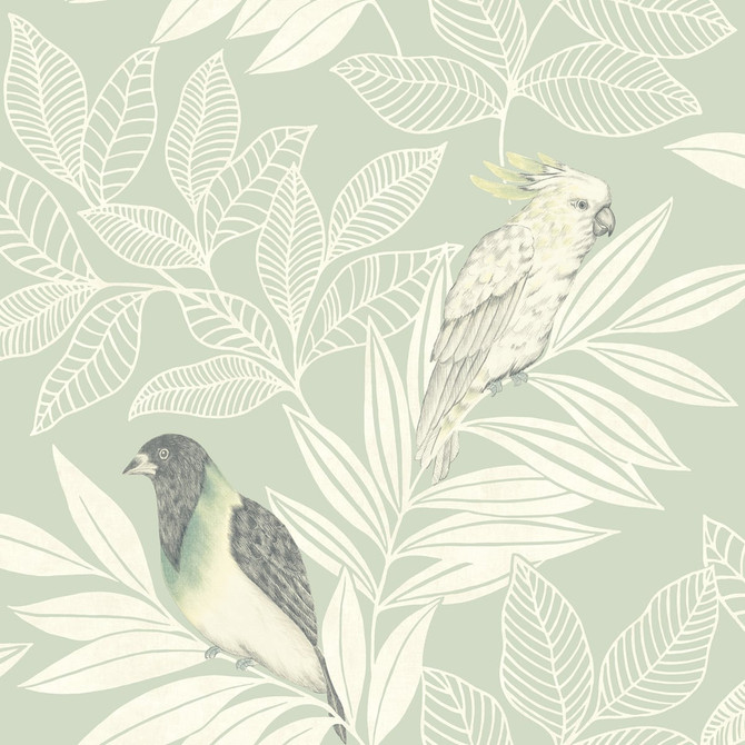 Paradise Island Birds Mint and Ivory by Seabrook Wallpaper Boho Rhapsody United States 56.05 20.87" 20.5" - Fabric Carolina -