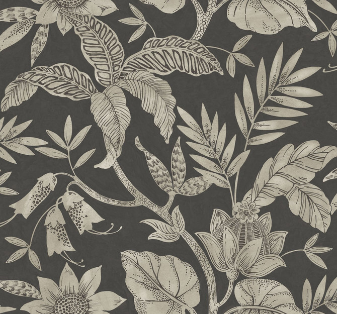 Rainforest Leaves Brushed Ebony and Stone by Seabrook Wallpaper Boho Rhapsody United States 60.75 25.2" 27" - Fabric Carolina -