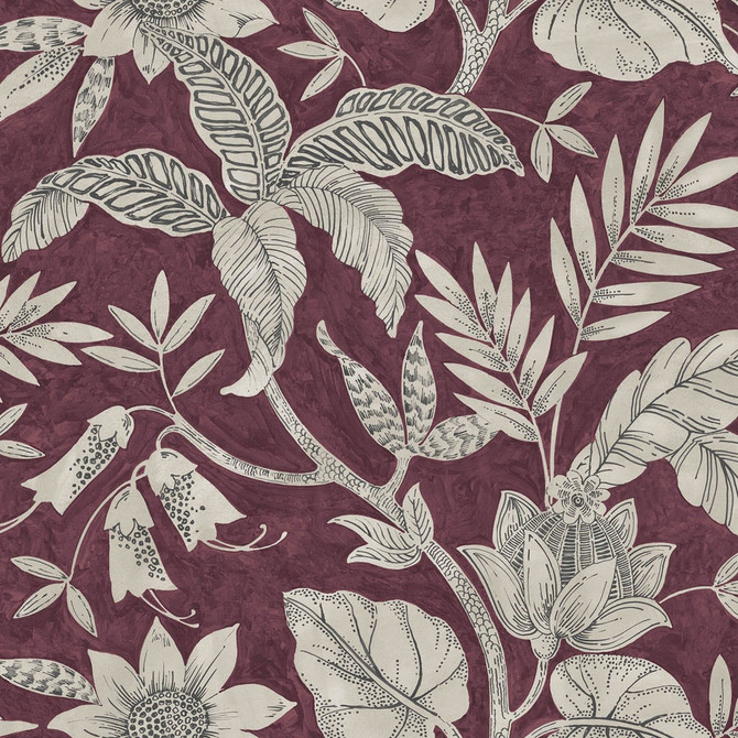 Rainforest Leaves Cranberry and Stone by Seabrook Wallpaper Boho Rhapsody United States 60.75 25.2" 27" - Fabric Carolina -