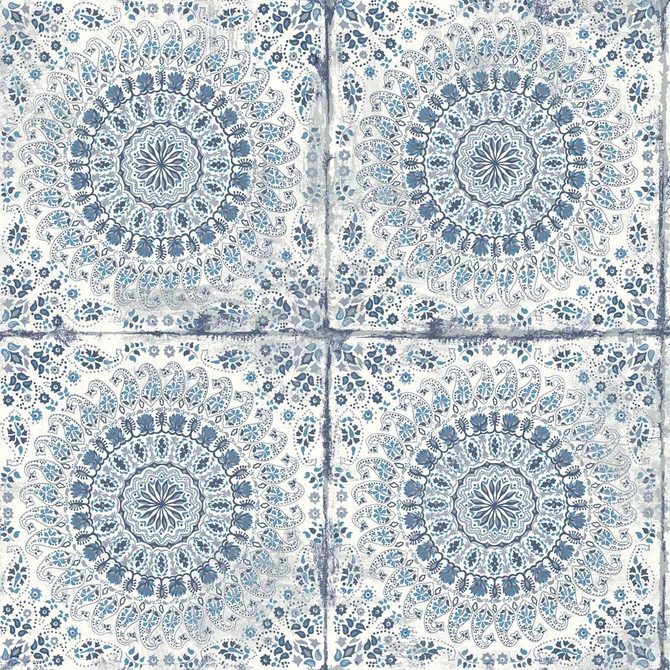 Mandala Boho Tile Cerulean and Washed Denim by Seabrook Wallpaper Boho Rhapsody United States 56.05 20.87" 20.5" - Fabric Carolina -