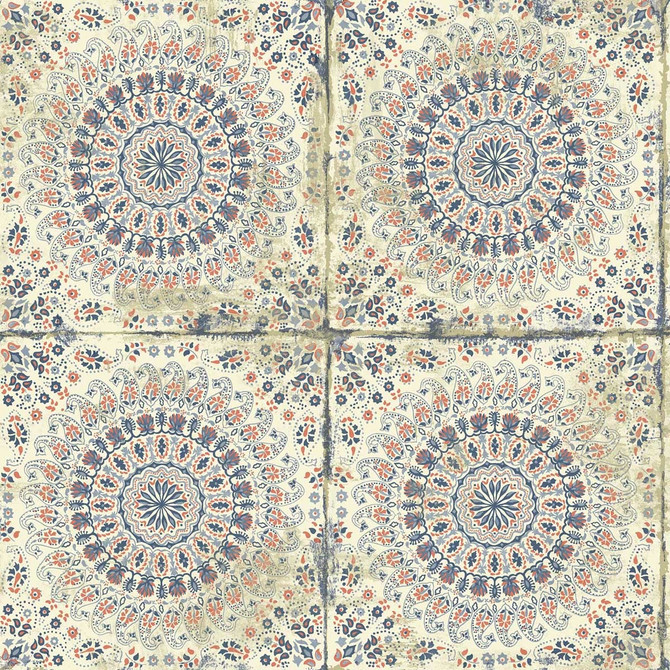 Mandala Boho Tile Coral, Cream, and Midnight Blue by Seabrook Wallpaper Boho Rhapsody United States 56.05 20.87" 20.5" - Fabric Carolina -
