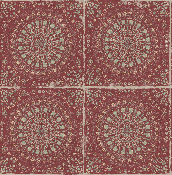 Mandala Boho Tile Cabernet and Aloe Green by Seabrook Wallpaper Boho Rhapsody United States 56.05 20.87" 20.5" - Fabric Carolina -