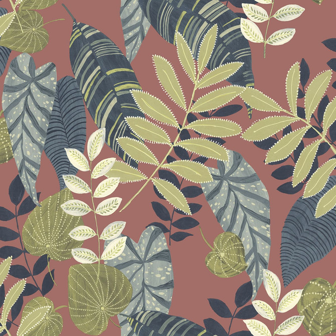 Tropicana Leaves Redwood, Olive, and Washed Denim by Seabrook Wallpaper Boho Rhapsody United States 60.75 27" 27" - Fabric Carolina -