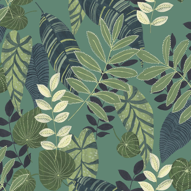 Tropicana Leaves Jade, Rosemary, and Spruce by Seabrook Wallpaper Boho Rhapsody United States 60.75 27" 27" - Fabric Carolina -