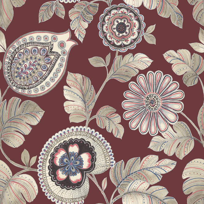 Calypso Paisley Leaf Cabernet and Coral by Seabrook Wallpaper Boho Rhapsody United States 60.75 27" 27" - Fabric Carolina -