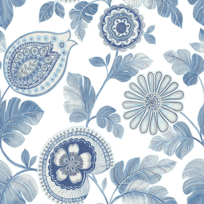 Calypso Paisley Leaf Blue Oasis and Ivory by Seabrook Wallpaper Boho Rhapsody United States 60.75 27" 27" - Fabric Carolina -