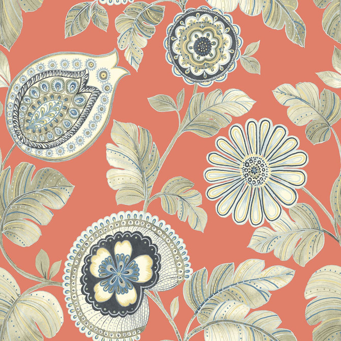 Calypso Paisley Leaf Coral and Aloe by Seabrook Wallpaper Boho Rhapsody United States 60.75 27" 27" - Fabric Carolina -