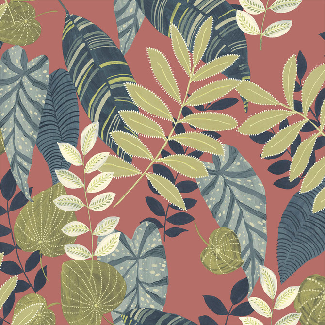 Tropicana Leaves Fabric Redwood, Olive, and Washed Denim by Seabrook Wallpaper Boho Rhapsody United States 13.5 27" 3" - Fabric Carolina -