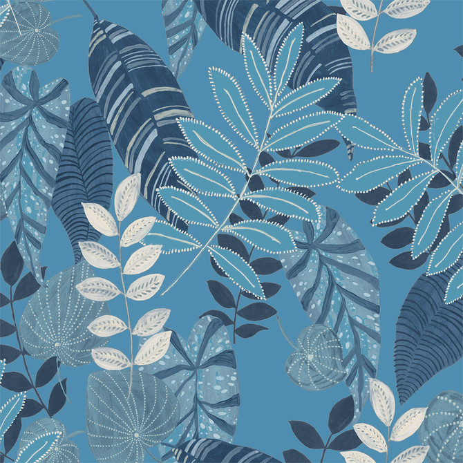 Tropicana Leaves Fabric Sky Blue and Champlain by Seabrook Wallpaper Boho Rhapsody United States 13.5 27" 3" - Fabric Carolina -