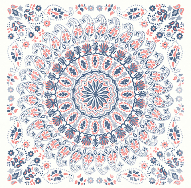 Mandala Boho Tile Fabric Coral, Cream, and Midnight Blue by Seabrook Wallpaper Boho Rhapsody United States 13.5 18" 3" - Fabric Carolina -