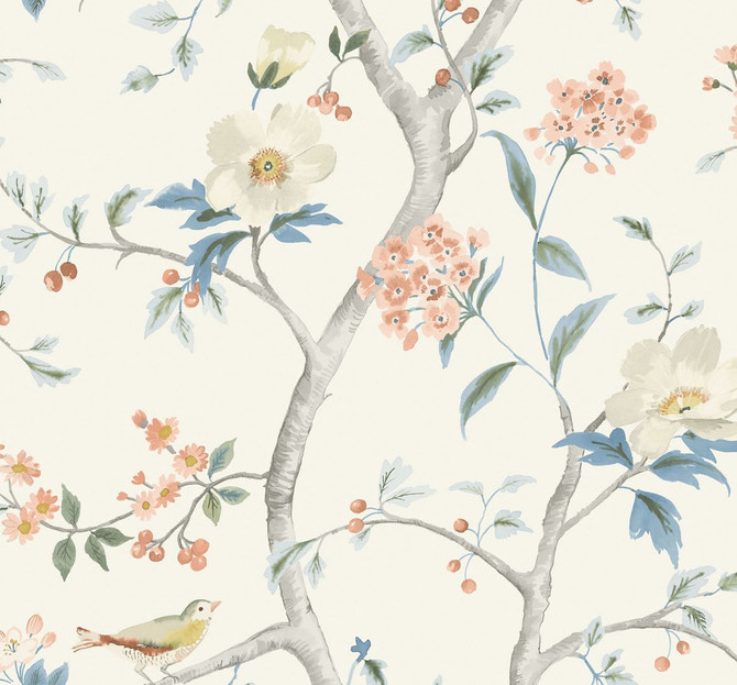 Southport Floral Trail Eggshell, Melon, and Carolina Blue by Seabrook Wallpaper Luxe Retreat United States 60.53 25.2" 27" - Fabric Carolina -