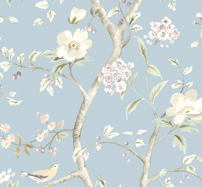 Southport Floral Trail Sky Blue and Arrowroot by Seabrook Wallpaper Luxe Retreat United States 60.53 25.2" 27" - Fabric Carolina -