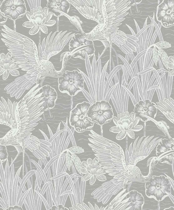 Marsh Cranes Anew Grey by Seabrook Wallpaper White Heron Netherlands 57.5 25.2" 20.9" - Fabric Carolina -
