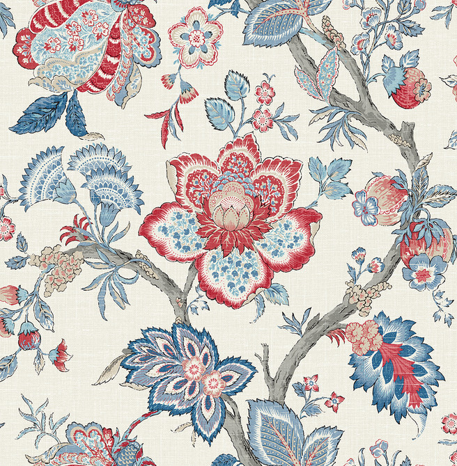 Bernadette Jacobean French Blue & Antique Ruby by Seabrook Wallpaper French Country United States 60.75 27" 27" - Fabric Carolina -