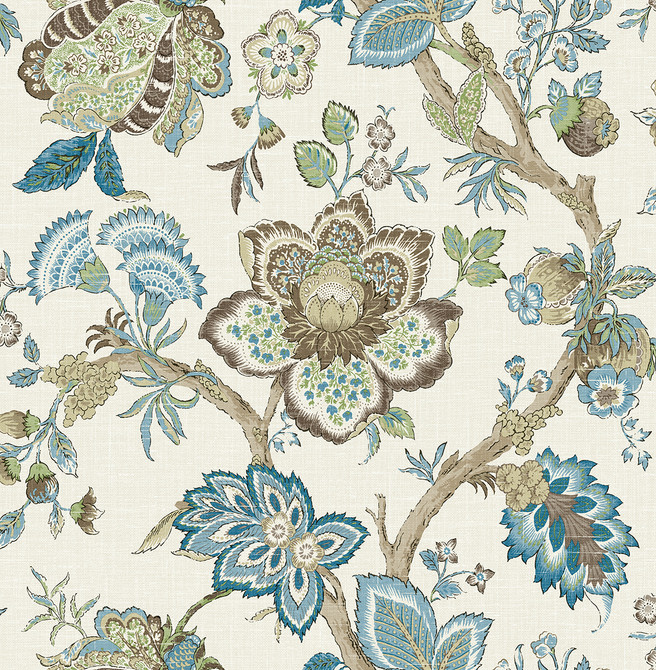 Bernadette Jacobean Hickory Smoke & Blue Bell by Seabrook Wallpaper French Country United States 60.75 27" 27" - Fabric Carolina -