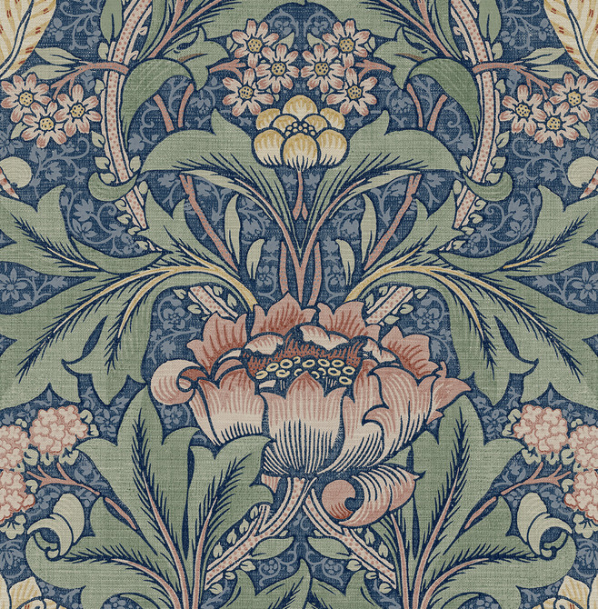 Acanthus Floral Prepasted Denim Blue & Salmon by Seabrook Wallpaper Prepasted Online United States 56.05 20.87" 20.5" - Fabric Carolina -